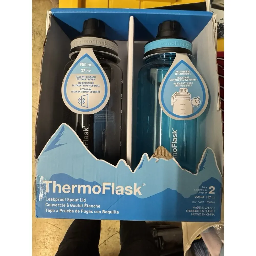 ThermoFlask 32 oz Water Bottles 2-Pack Leakproof Motivational Time Marker New